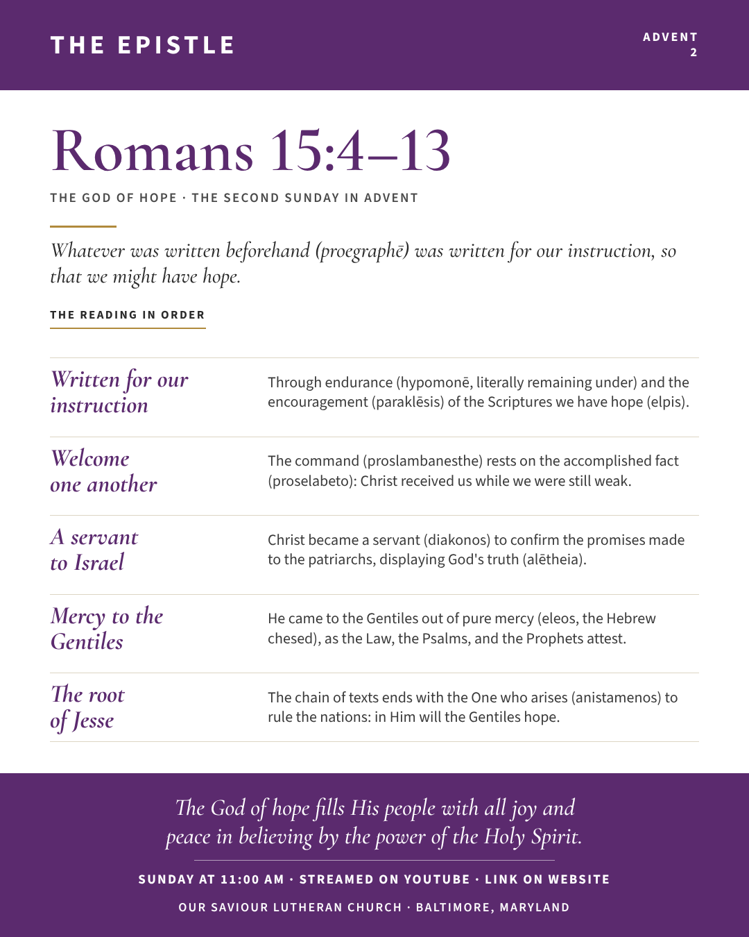 The Epistle for The Second Sunday in Advent: Romans 15:4–13