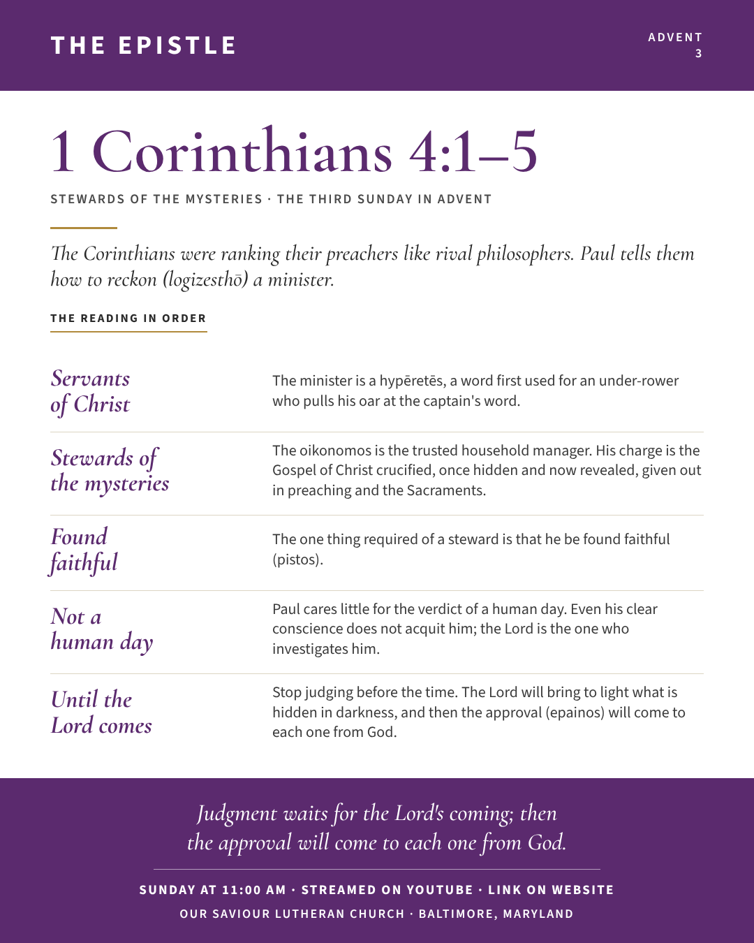 The Epistle for The Third Sunday in Advent: 1 Corinthians 4:1–5