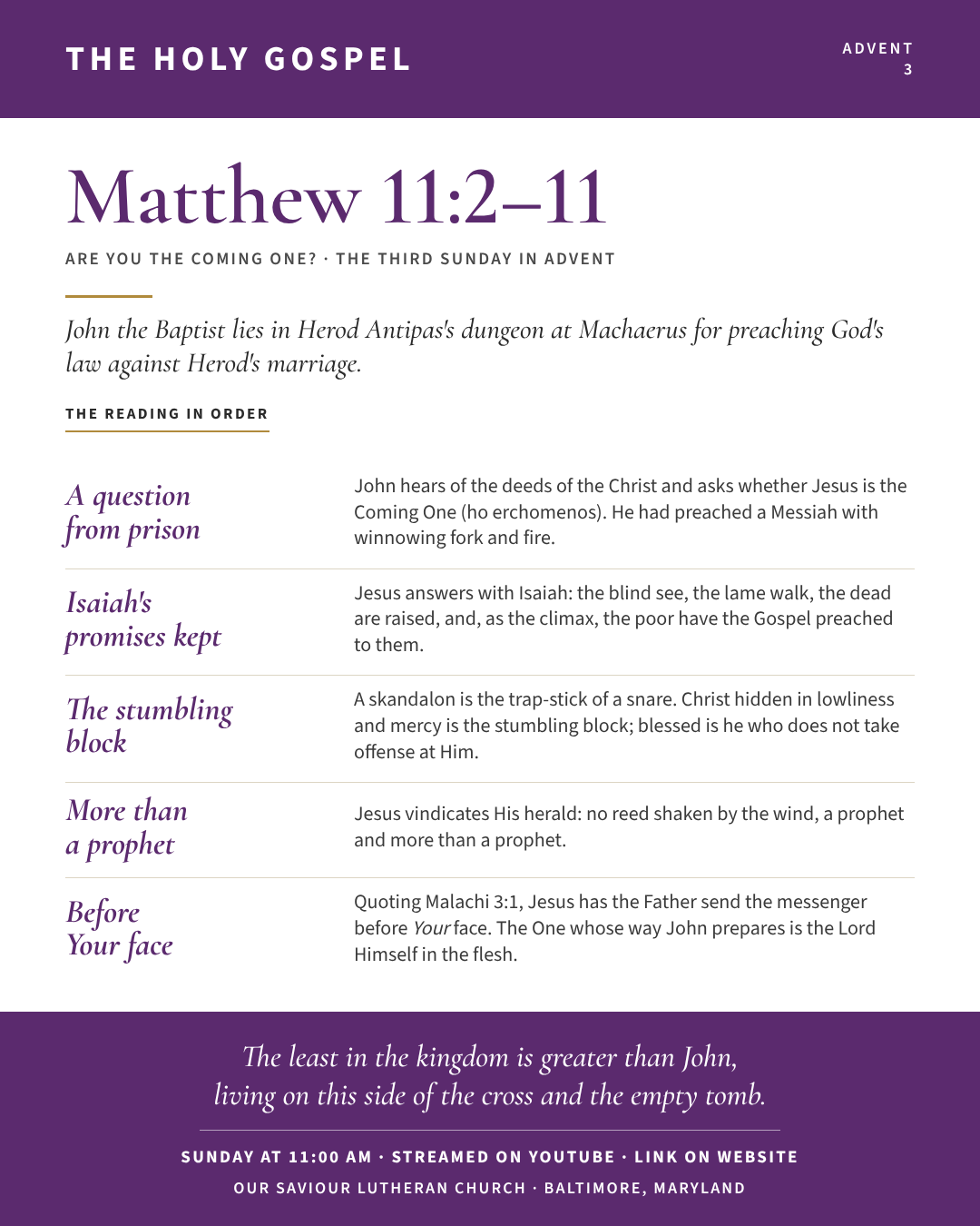 The Holy Gospel for The Third Sunday in Advent: Matthew 11:2–11