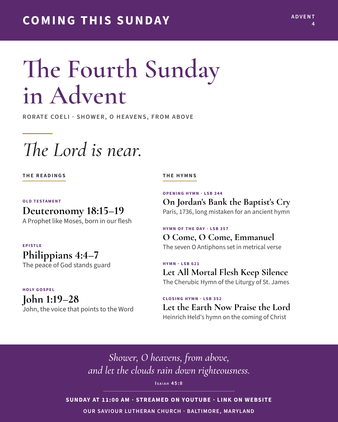 Coming this Sunday: The Fourth Sunday in Advent