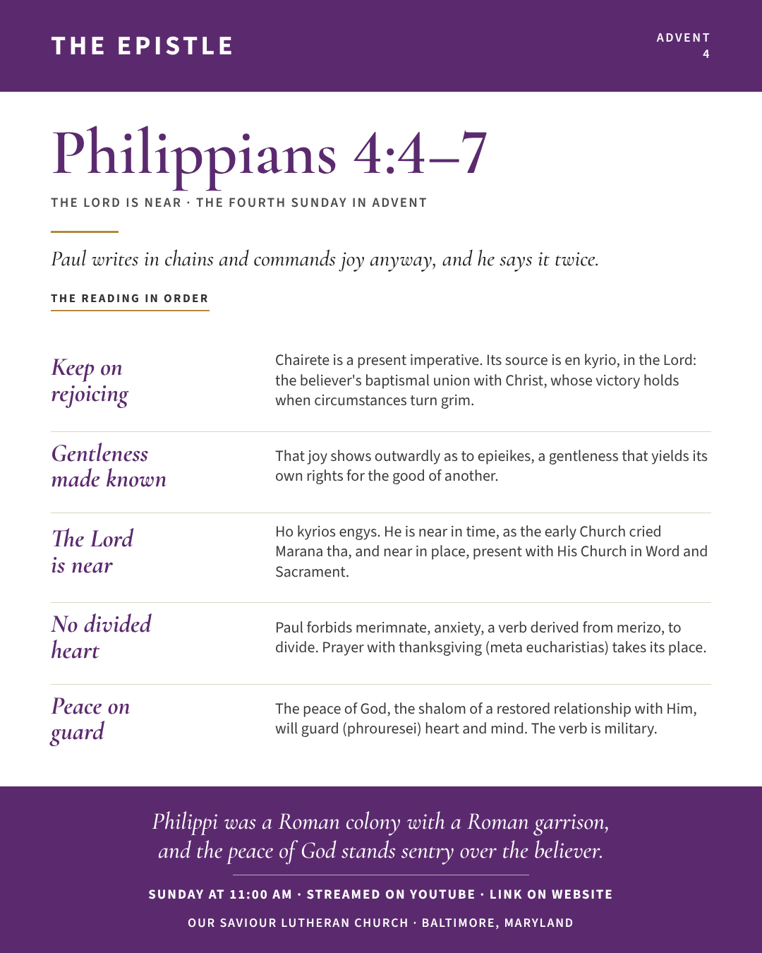 The Epistle for The Fourth Sunday in Advent: Philippians 4:4–7