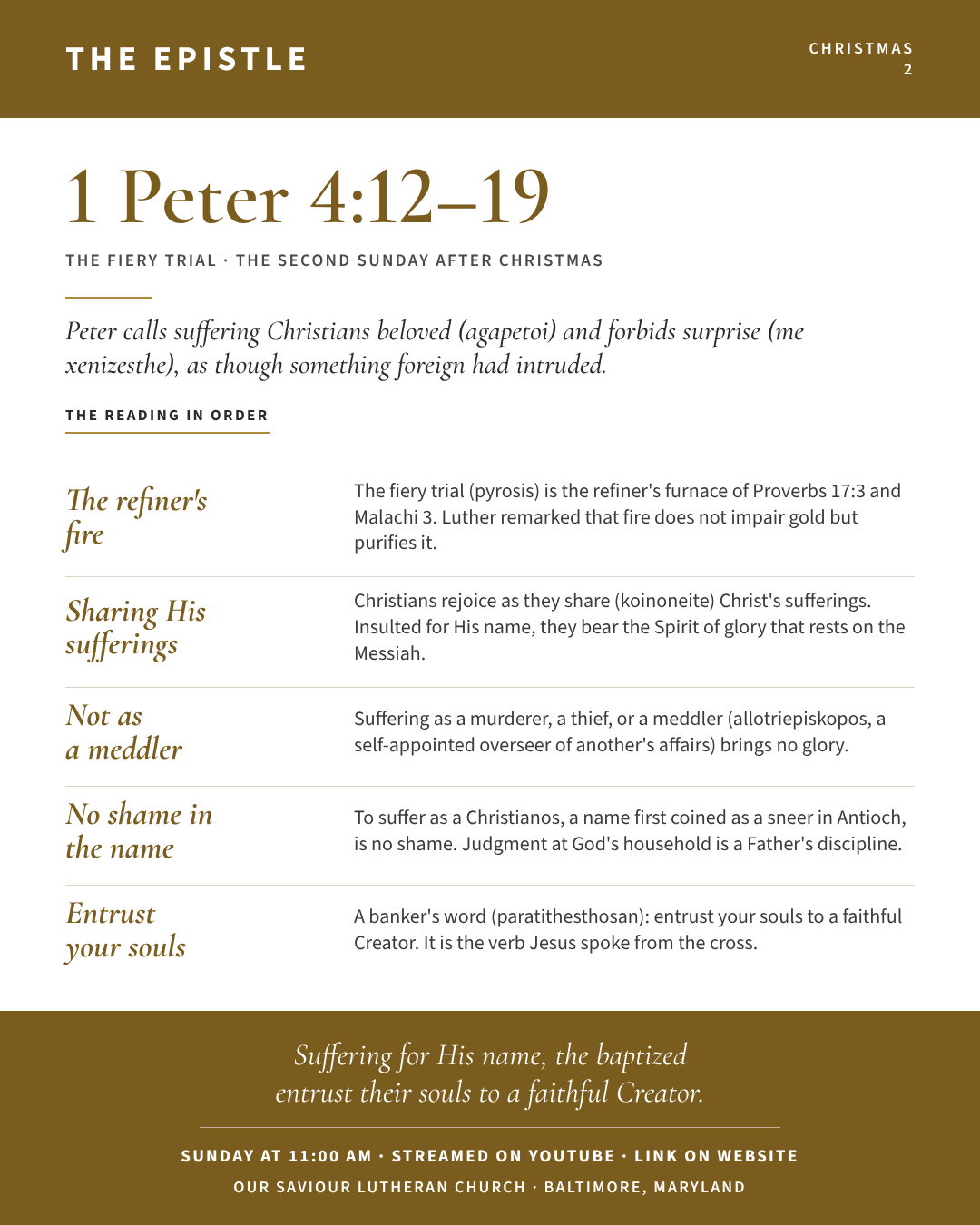 The Epistle for The Second Sunday after Christmas: 1 Peter 4:12–19