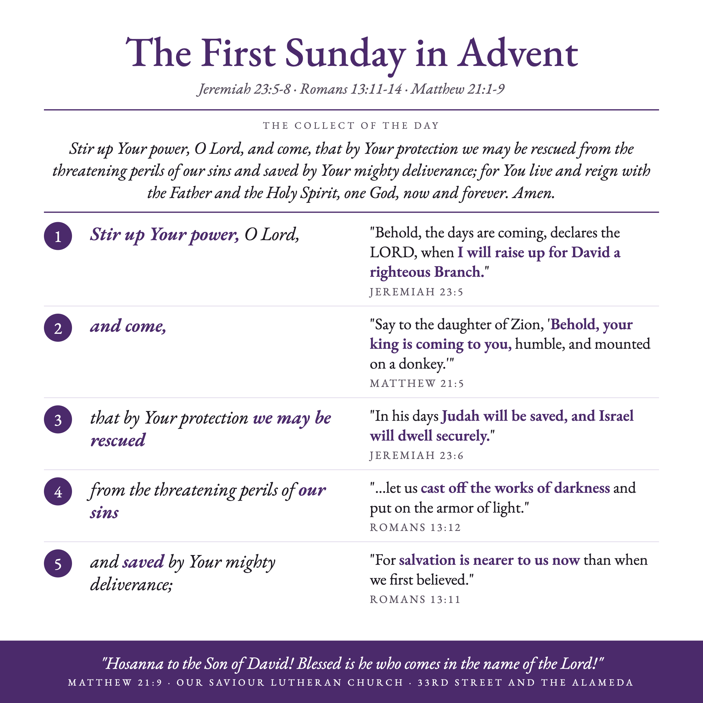 Poster: the collect for the day, in numbered petitions with Scripture echoes.