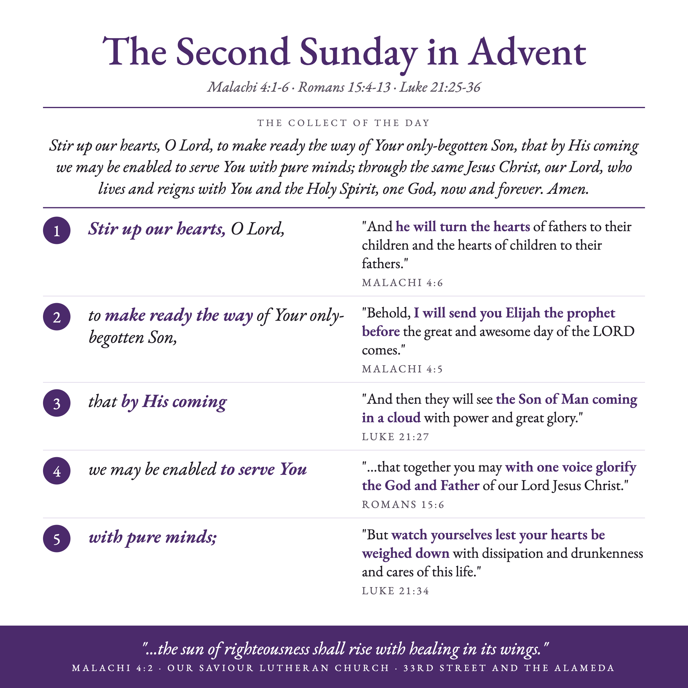 Poster: the collect for the day, in numbered petitions with Scripture echoes.