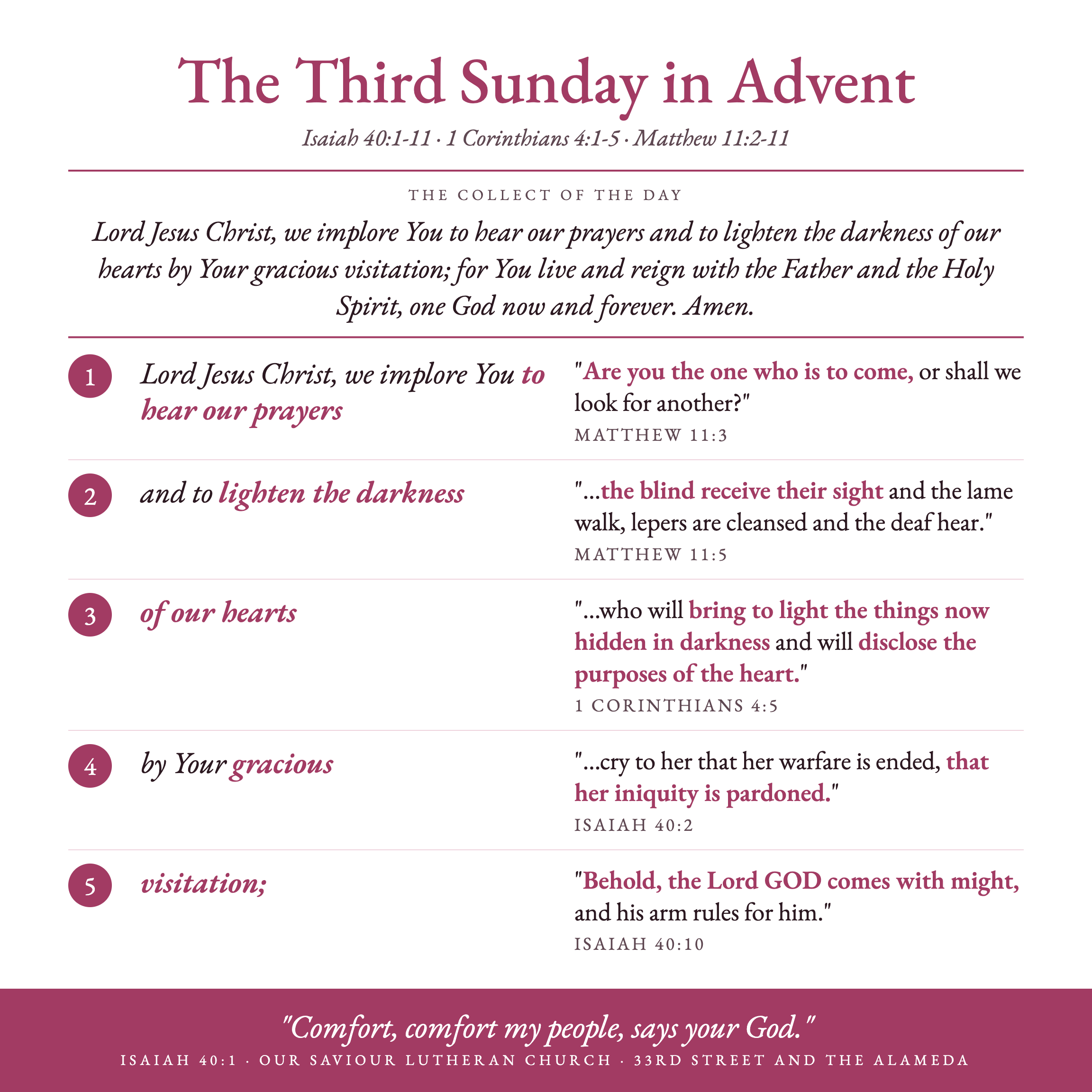 Poster: the collect for the day, in numbered petitions with Scripture echoes.