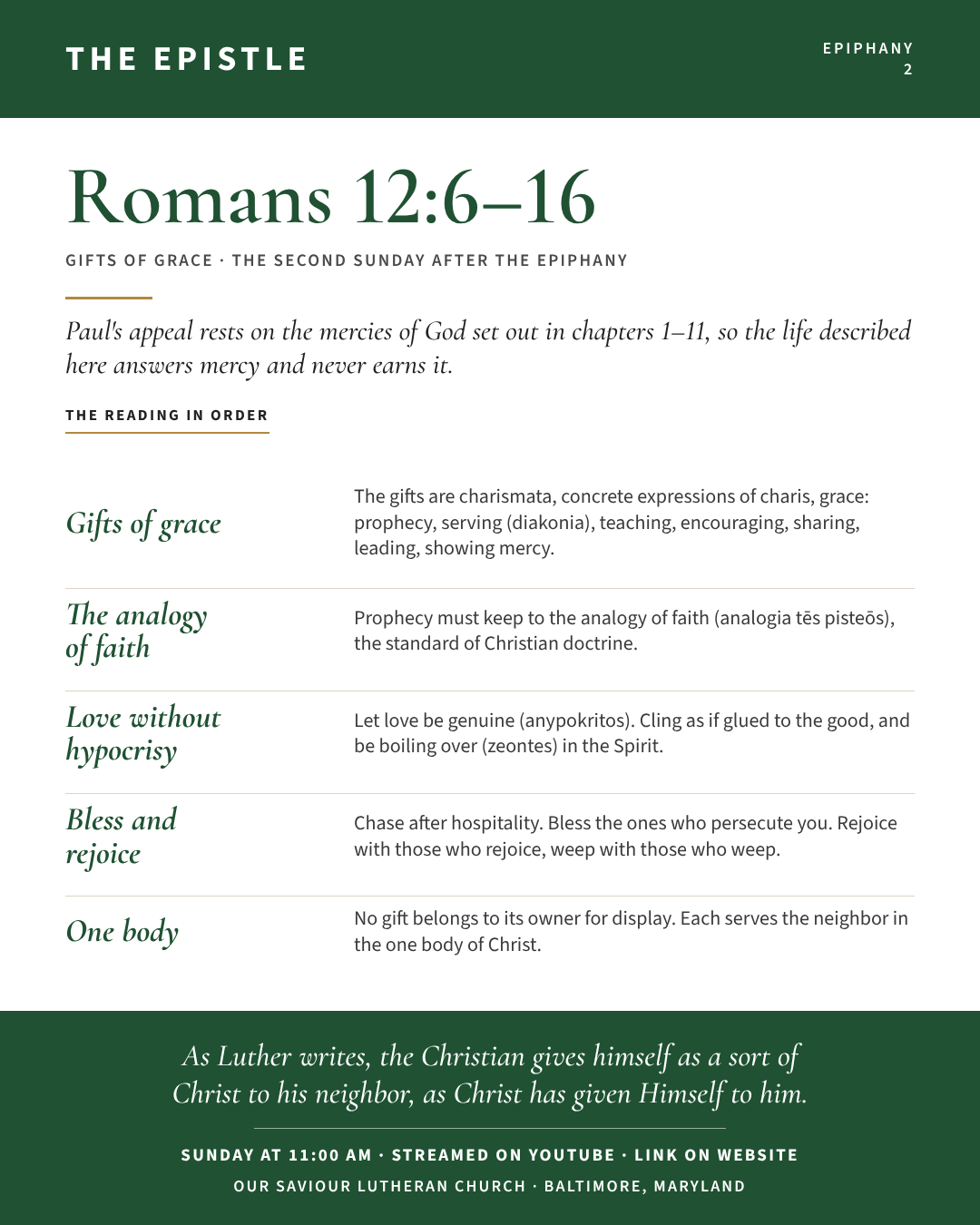 The Epistle for The Second Sunday after the Epiphany: Romans 12:6–16