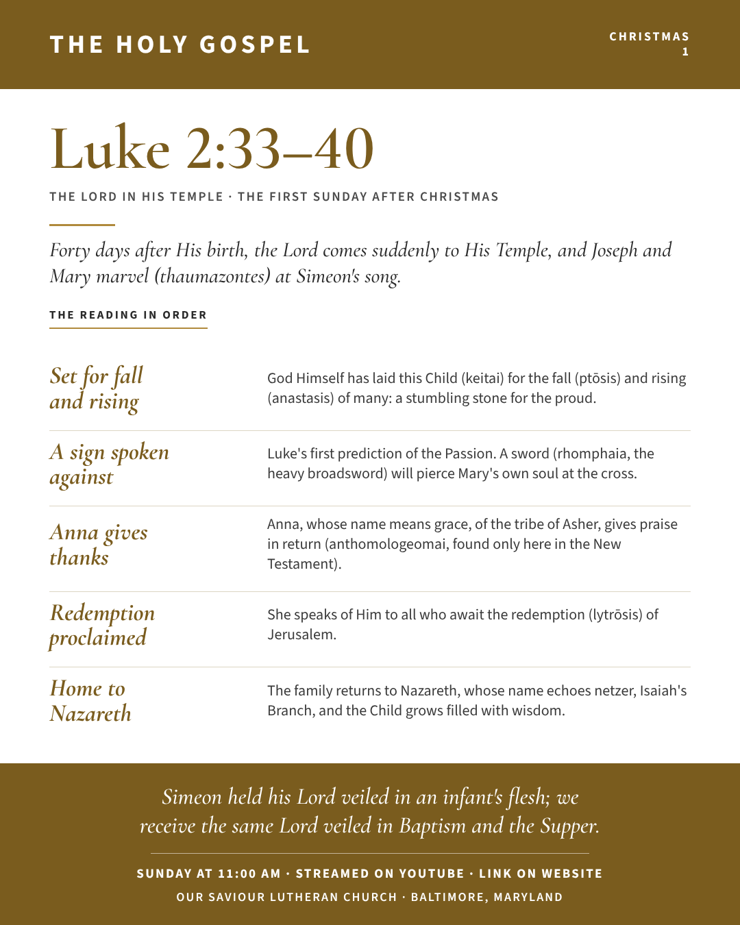 The Holy Gospel for First Sunday after Christmas: Luke 2:33–40