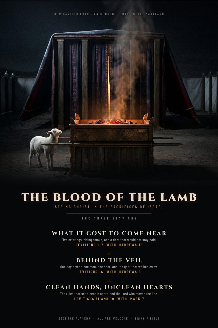 The Blood of the Lamb: Seeing Christ in the Sacrifices of Israel. A lamb stands beside the altar of burnt offering before the Tabernacle.