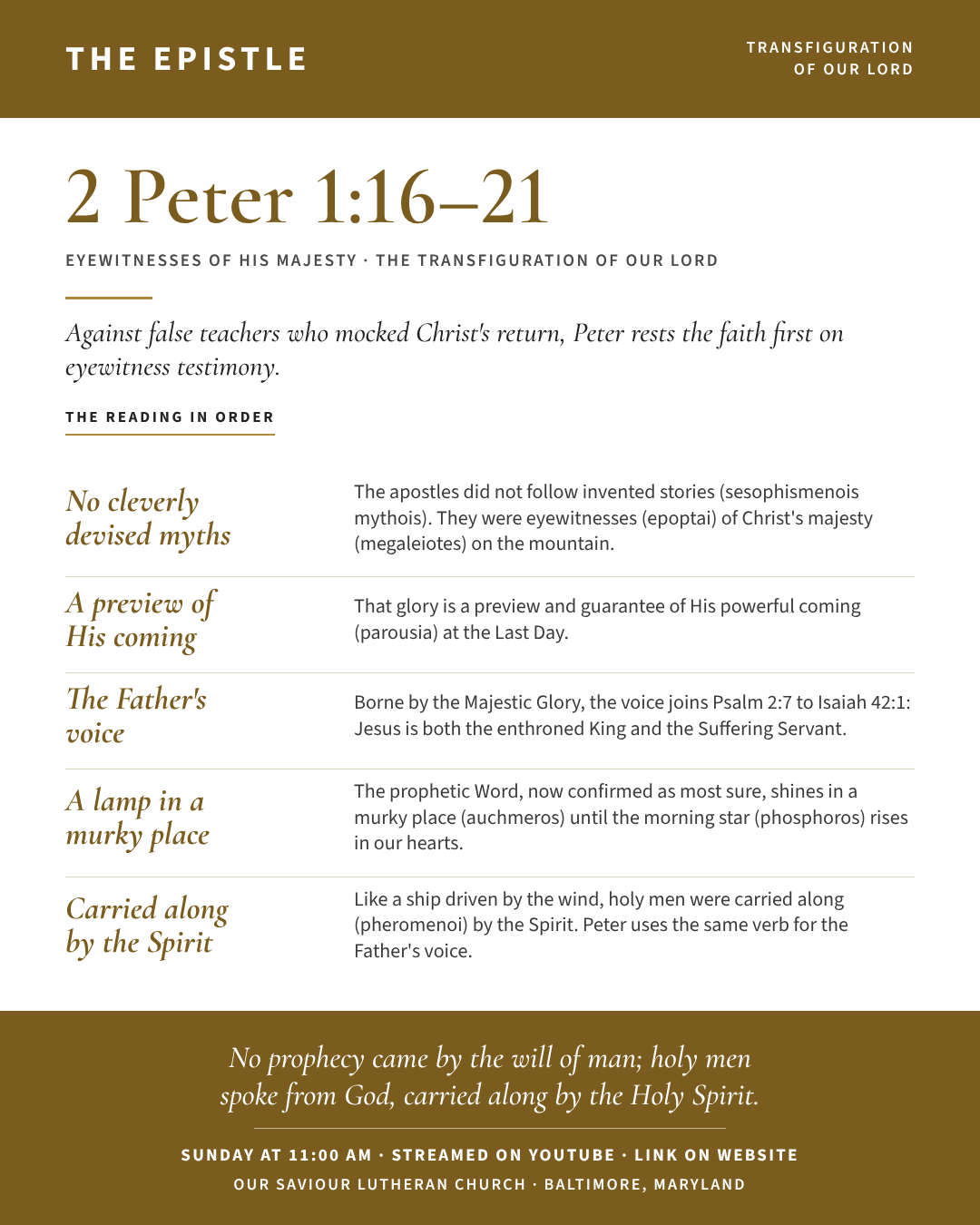 The Epistle for The Transfiguration of Our Lord: 2 Peter 1:16–21