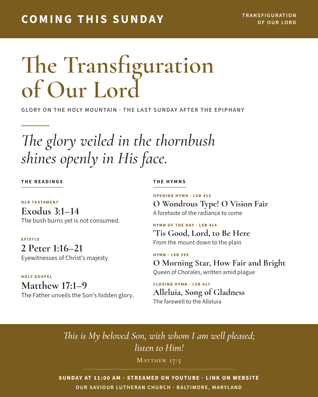 Coming this Sunday: The Transfiguration of Our Lord