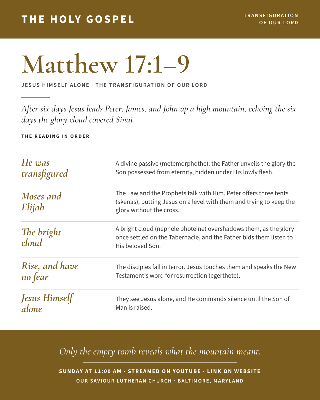The Holy Gospel for The Transfiguration of Our Lord: Matthew 17:1–9